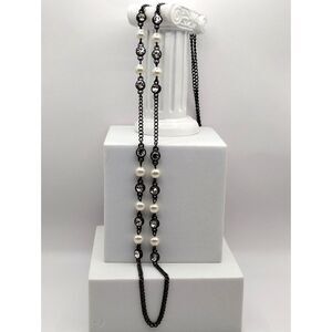 Dainty Vintage Necklace Long Black Chain holding Faux Pearls and Rhinestones
